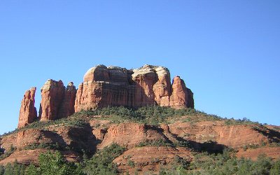 view of cathedral rock from below